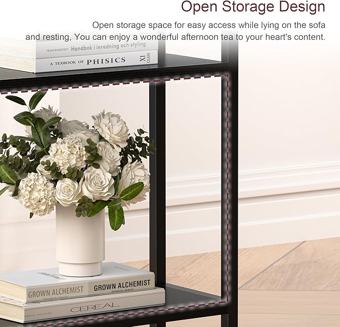 Narrow Side Table for Small Space, 3-Tier Small End Table with Shelf Holder, Slim Nightstand, Skinny Snack Couch Table in Living Room, Bedroom, Study, Kitchen and Balcony（Black
