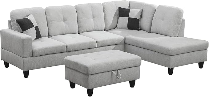 NicBex Sectional Couch 3 Pieces Sofa Set with Left Chaise Flannel L Shaped Cloud Couch for Living Room Furniture Sets with Storage Ottoman, Modular Sofa for Living Room & Apartment, Light Gray