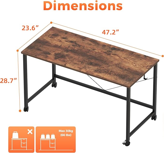 Rolling Computer Desk with Wheels, Gaming Desk for Small Spaces, Modern Simple Style Table for Home Office, Study Writing Table (Caster, Dark Brown, 48 inch)