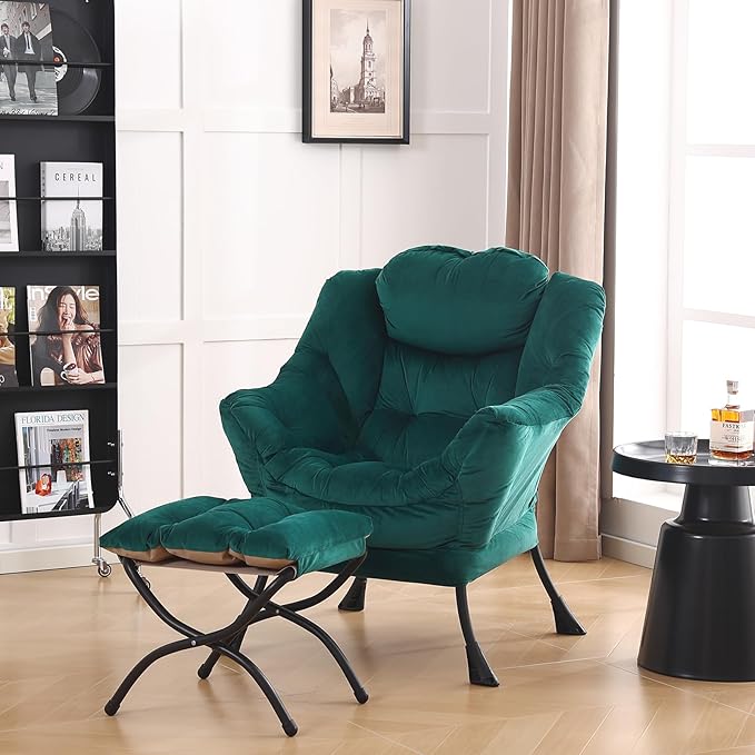 LITA Lazy Chair With Ottoman, Modern Accent Leisure Upholstered Sofa, Contemporary Lounge Reading With Armrests and Side Pocket for Living Room, Bedroom & Small Space, Dark Green