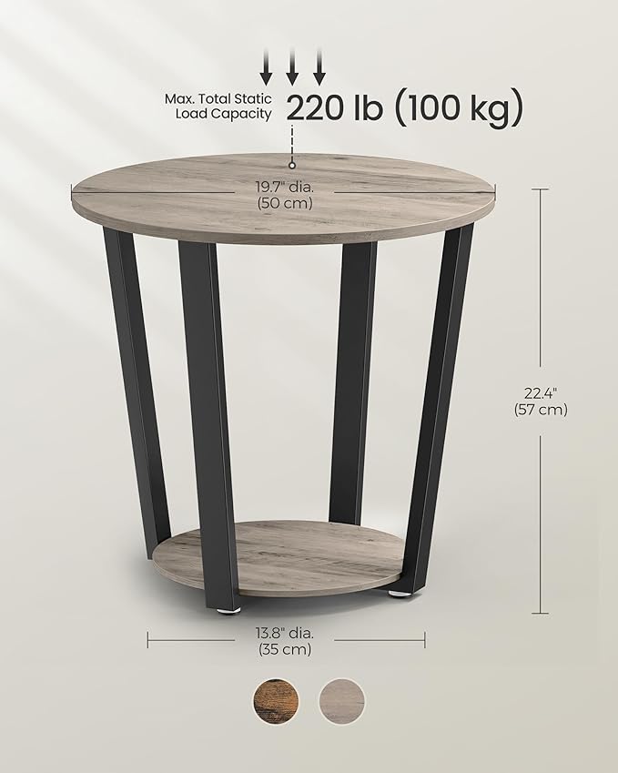 VASAGLE End Table, Round Side Table with Storage Shelf, Easy Assembly, Industrial Accent Furniture with Steel Frame, Heather Greige and Black ULET057B02