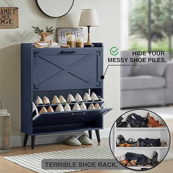 Shoe Storage Cabinet,Farmhouse Shoe Organizer with 2 Flip Drawers & Barn Door Design,Freestanding Hidden Slim Narrow Shoe Rack Cabinet for Entryway,Foyer,Hallway,Blue