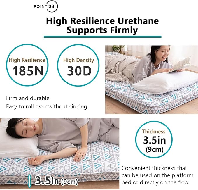 EMOOR Japanese Padded Futon Mattress Machi King Triangle-Gray (Shinsengumi Makoto), Gusset Foldable Storable Elastic Bands Floor Sleeping Guest Bed Tatami Mat