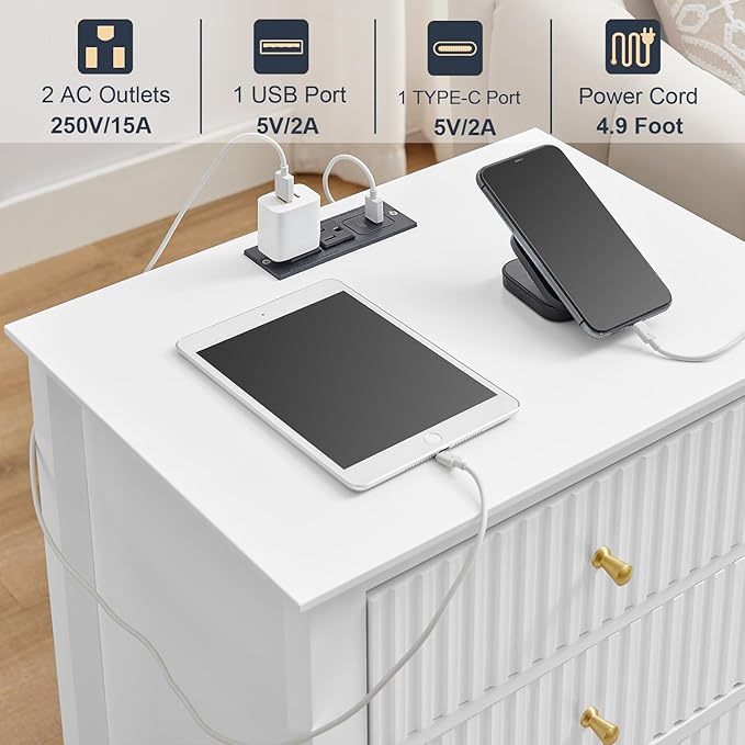 OCANDO White Bed Side Table with Charging Station and USB & Type-C Ports, Bedroom Nightstand 24" H,Vintage Modern Night Stand with 3 Drawers 19" W,Living Room Fluted End Bedside Tables