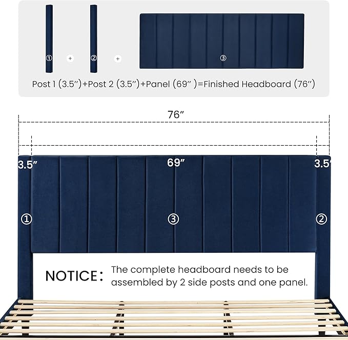 SHA CERLIN King Bed Frame/Velvet Upholstered Platform Bed Frame with Headboard/Strong Wood Slats Support/Mattress Foundation/No Box Spring Needed - Dark Blue