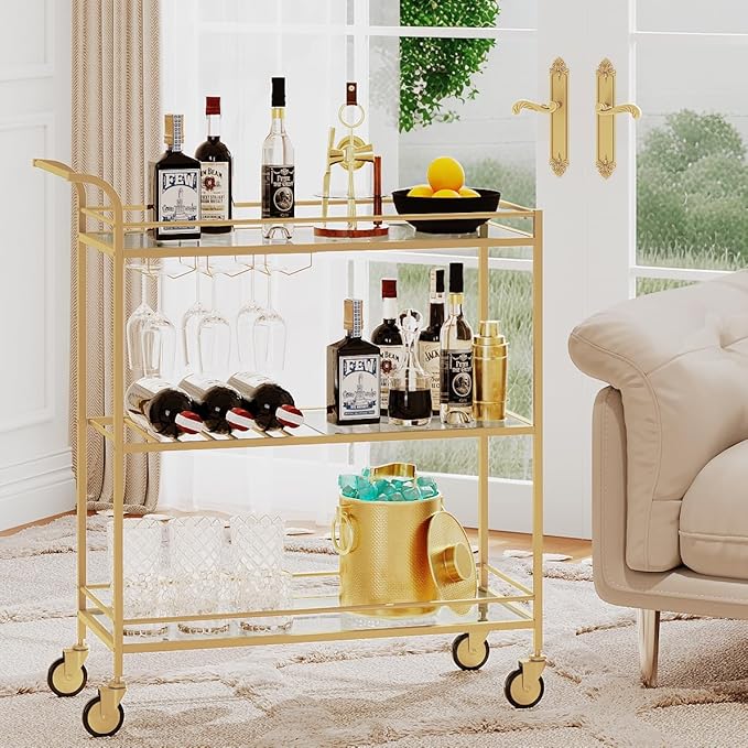 Gold Bar Cart, Home Bar Serving Cart with Handle, Wine Cart with 3-Tier Glass Shelves, Beverage Cart with Wine Rack and Glass Holder, Bar Carts for The Home, Dining Room, Living Room