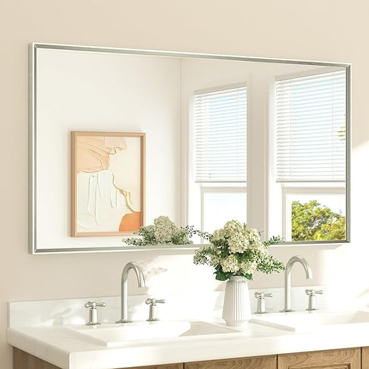 TETOTE Brushed Nickel Bathroom Vanity Mirror 55" x 30" Beveled Framed Bathroom Wall Mirror for Over Sink Brushed Nickel, Tempered Glass, Modern Farmhouse Bedroom, Entryway, Living Room