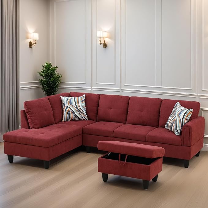 L Shaped Sectional Couches for Living Room, Modern Modular Sectional Sofa with Ottoman Storage, Comfy L Shaped Couch with Chaise for Bedroom Apartment Furniture, Red