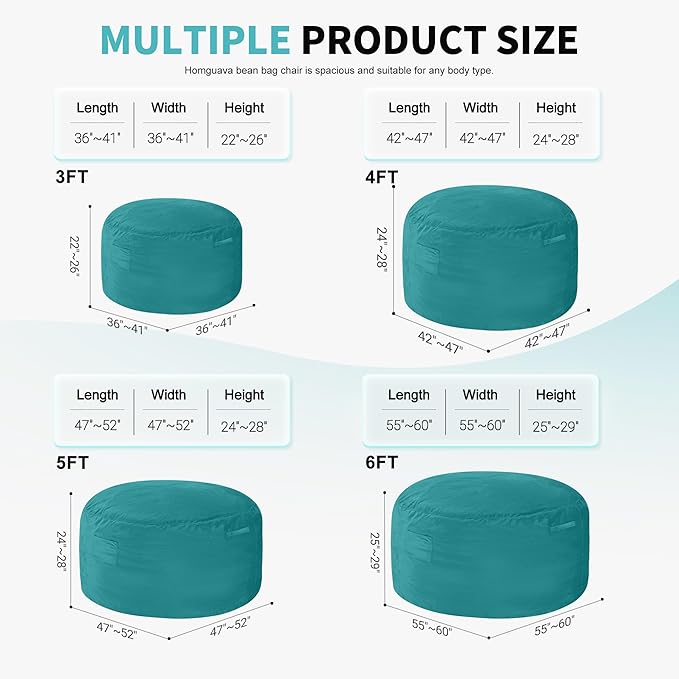 Homguava 5 FT Bean Bag Chair: 5' Bean Bags with Memory Foam Filled, Large Beanbag Chairs Soft Sofa with Dutch Velvet Cover-Sea Blue