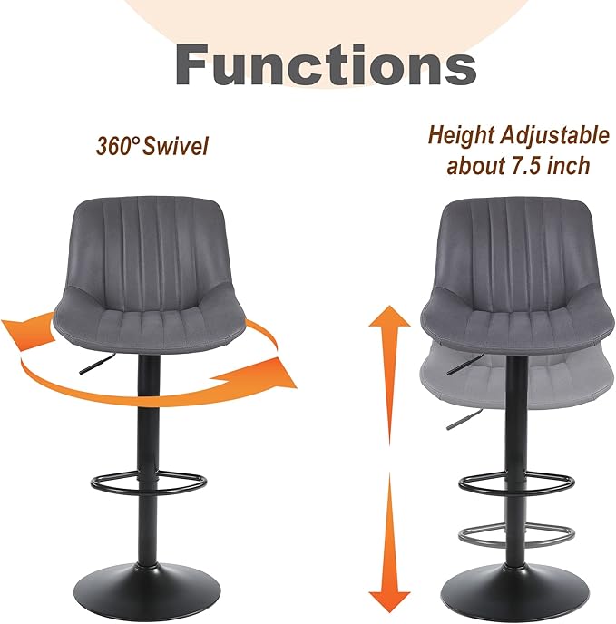 Bar Stools Set of 4, Swivel Counter Height Barstools with Back, Adjustable PU Leather Bar Chairs, Modern Armless Kitchen Island Stool, Dark Grey