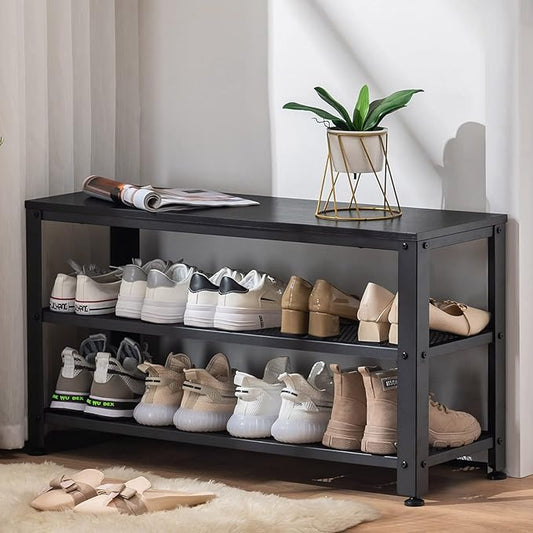 Apicizon Shoe Rack, 35.5 Inches 3-Tier Shoe Rack for Entryway with Long Seat and Metal Shelves for Garage, Industrial Storage Bench with Steel Structure for Living Room, Bedroom, Mudroom, Black