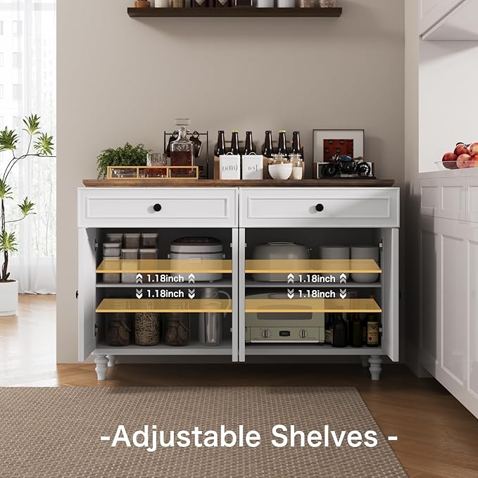 Farmhouse Buffet Cabinet with Storage, 47.6" Buffet Sideboard with 2 Drawers and 4 Doors, Wooden Kitchen Storage with Adjustable Shelves, Rustic Top Console Table for Dining Room, Kitchen or Entryway
