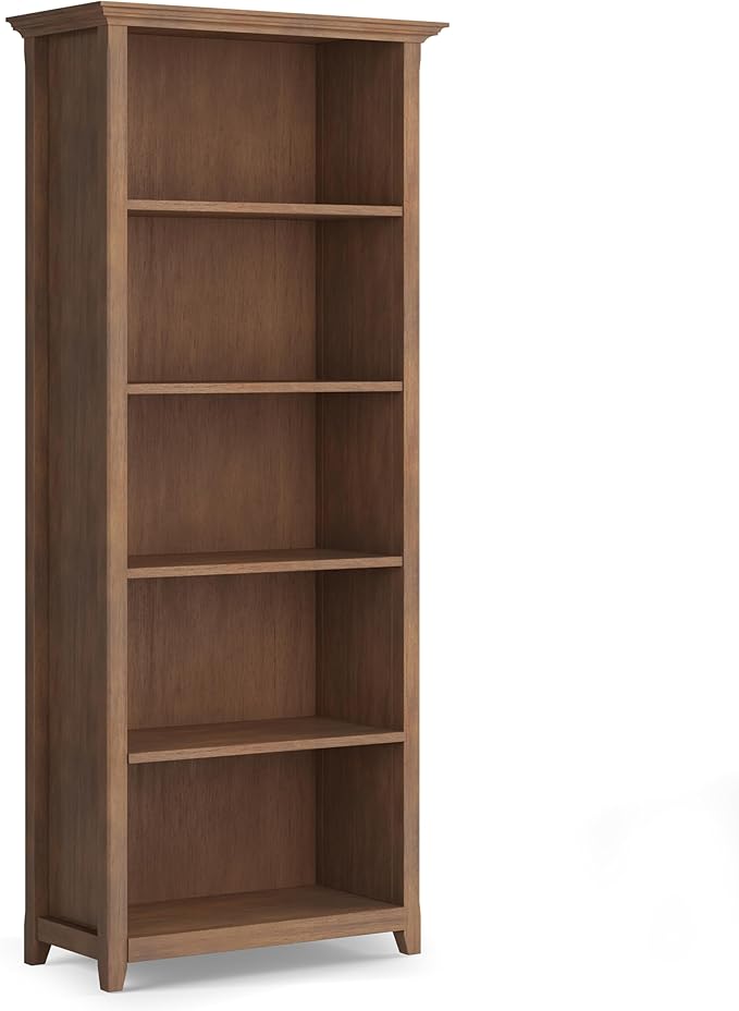 SIMPLIHOME Amherst Bookcase - 70 inch Tall 5-Shelf Solid Wood Bookshelf in Rustic Natural Aged Brown, Transitional Storage for Living Room, Study or Office with Adjustable Shelves and Tapered Legs