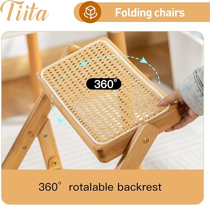 Tiita Rattan Dining Chairs Set of 1, Mid Century Modern Folding Chair, Bamboo Folding Dining Chairs for Small Space, Dining Room, Living Room, Bedroom, Wood
