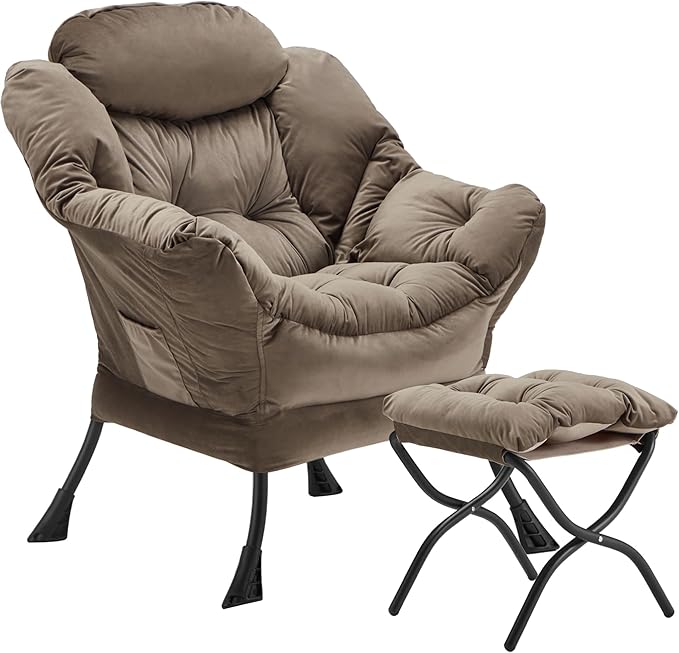 Lazy Chair with Folding Ottoman, Accent Chair Velvet Upholstered with Metal Structure and Non-Slip Pads, Sofa Armchair with Footrest and Side Storage Bag for Dorm, Room, Office, Dark Gray