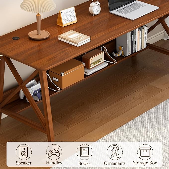 Extra Long Desk with Bookshelf - Wooden Home Office Work Study Table, Writing Computer Workstation with Storage Shelf in Walnut, 55" Wx20 Dx30 H