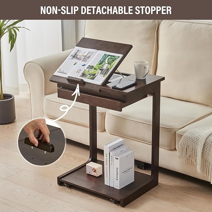CozyDH Rolling Side Table with Wheels, Adjustable C Shaped End Table for Couch, Solid Wood TV Tray Sofa Arm Table for Eating Multi-Purpose, Small Coffee Table Living Room Bedroom, Walnut