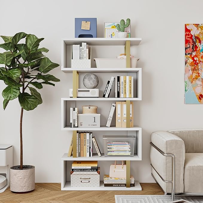 SORCEDAS Bookshelf Geometric Bookcase S Shaped Industrial Bookshelf Storage Display Stand Shelf for Living Room Bedroom and Office Room (White, 5 Tier)