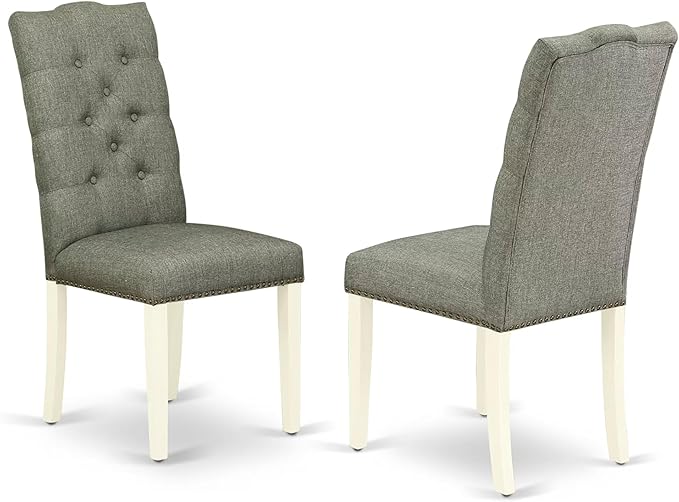 East West Furniture ELP2T07 Elsa Parson Dining Room Chairs - Button Tufted Nailhead Trim Gray Linen Fabric Padded Chairs, Set of 2, Linen White