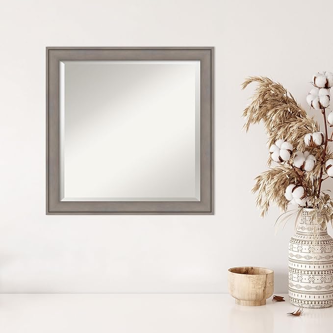 Amanti Art Grey Wall Mirror 24x24 Greywash Square Bathroom Mirror for Wall Decor Living Room, Medium Country Rustic Wood Frame, Hangs Horizonally and Vertically, Bathroom Decor, Beveled Edge