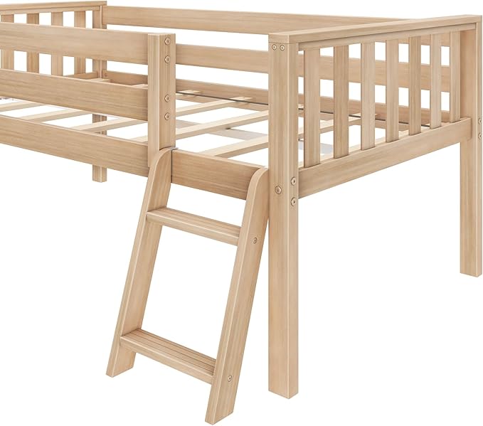 Max & Lily Twin Ultra Low Loft Bed with Slide and Climbing Ladder, Solid Wood Bed for Kids, Space Saving Design for Small Rooms, Twin Size Loft Bed with 14 Inch Guardrails, Anti Slip Steps, Blonde