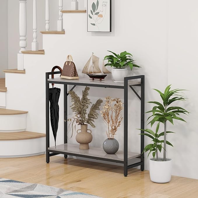 Narrow Console Table, Small Entryway Table, Sofa Table with 2 Support Bar, Industrial Couch Table, Thin Side Table, Display Table for Living Room, Hallway, Bedroom, Foyer, Grey