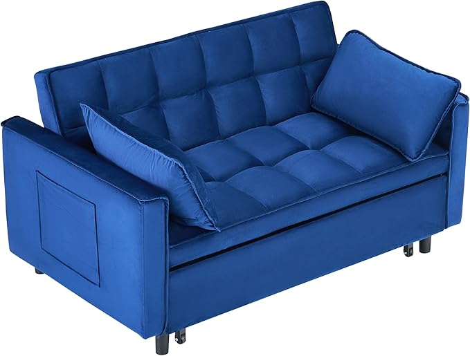 Ball & Cast 55" Convertible Sofa Bed,3 in 1 Sleeper Sofa W/Pull-Out Bed,Convertible Pull Out Couch W/2 Pillows,Adjustable Backrest & Side Pocket,Velvet Futon Couches for Living Room,Apartment,Blue