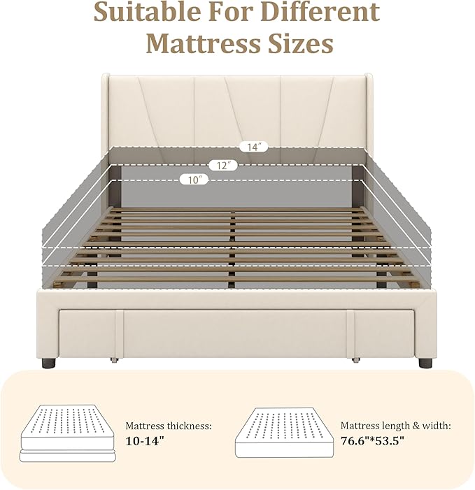 Full Bed Frame with Storage Drawers, Upholstered Platform Bed with Headboard and Wingboard, No Box Spring Needed, Noise Free, Easy Assembly, Wooden Support Slats, Beige
