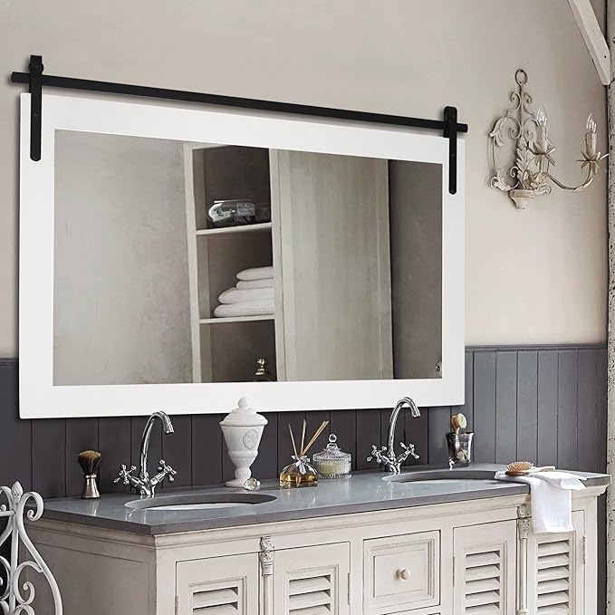 PAIHOME Large White Bathroom Mirror, Farmhouse Horizontal Rustic Square Mirror for Wall Wood Framed Vanity Mirrors, Barn Door Style Decor Living Room Entryway Bedroom Mirrors, 40x26INCH