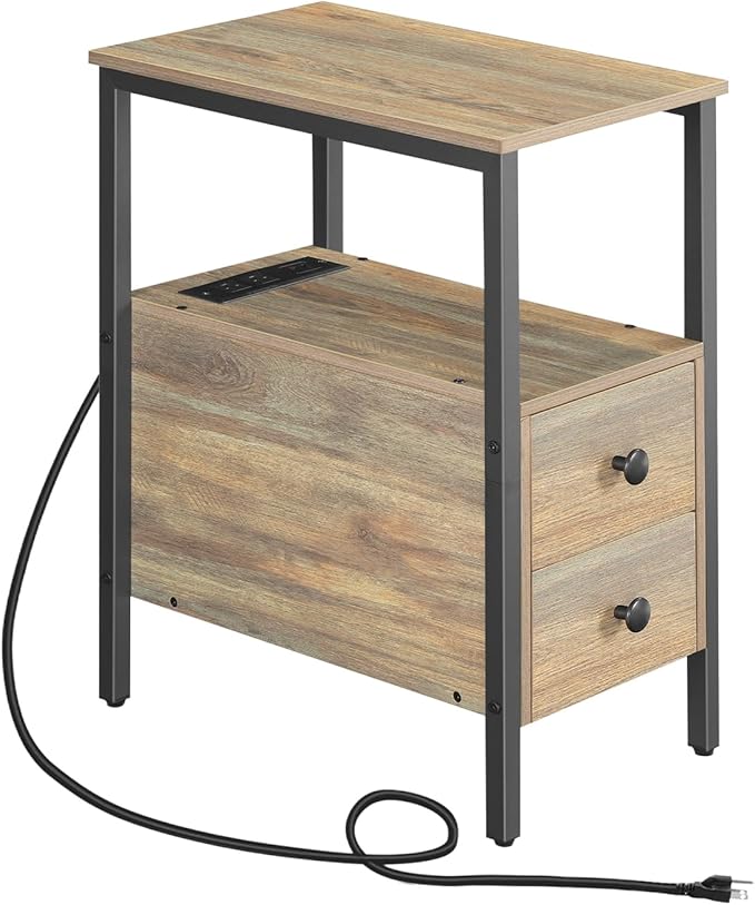 HOOBRO End Table with Charging Station, Narrow Side Table with 2 Drawer & USB Ports & Power Outlets, Nightstand for Small Spaces, for Living Room, Bedroom, Sapphire Brown UC541BZ01