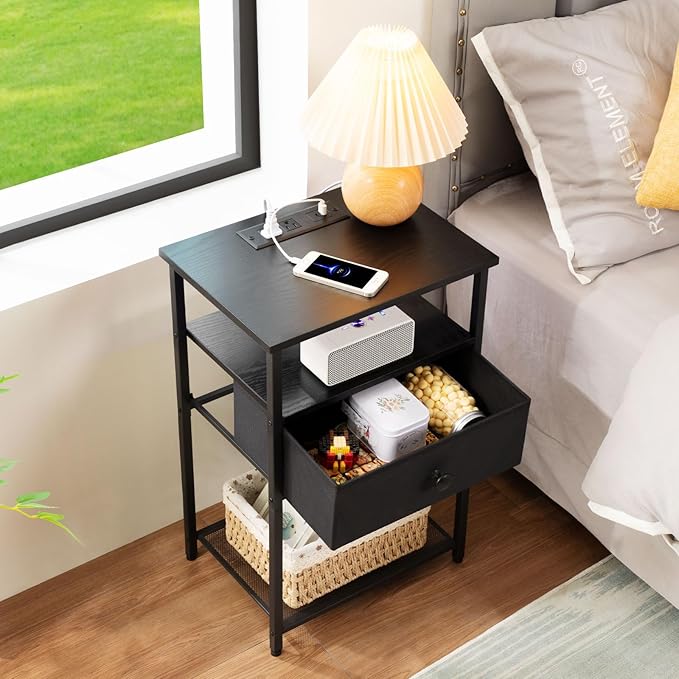 Night Stand Set 2, Black Nightstand with Charging Station, End Tables Living Room with Fabric Drawer for Small Spaces, Side Tables with Storage Shelf for Bedroom, HETS010BK