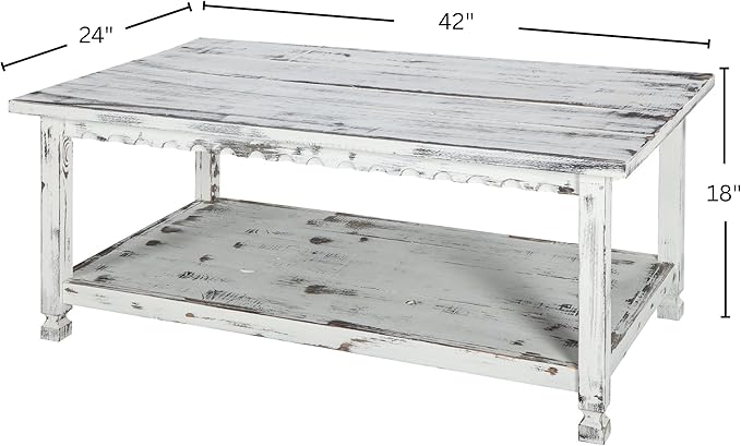 Country Cottage 42-Inch Farmhouse Coffee Table with Storage Shelf and White Antique Finish for Living Room or Family Room by Alaterre Furniture