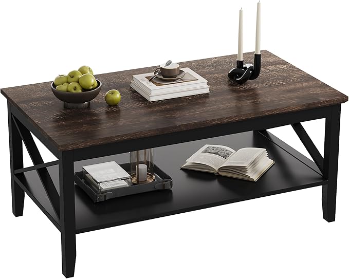 ChooChoo Coffee Table, Wooden Coffee Tables with Thicker Legs, Black Coffee Table with Storage for Living Room