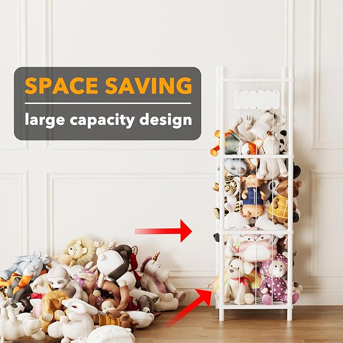 SpaceAid Stuffed Animal Storage Organizer, Wood Animals Zoo Toy Plushies Storage Holder, Large Capacity Plush Toy Cage for Playroom Organization, 15.8" Wide, White
