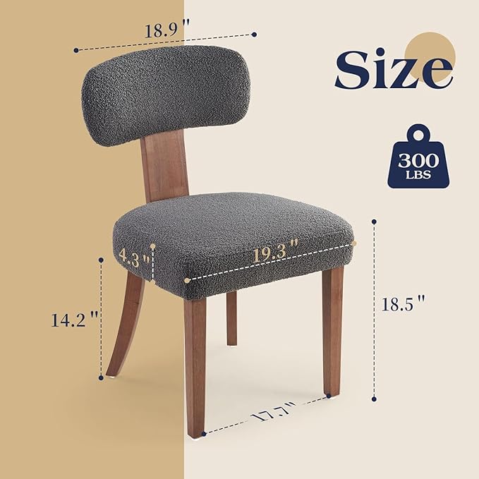 Farmhouse Chair Set of 2, Mid Century Modern Dining Chairs, Sherpa Upholstered Kitchen Chairs with Curved Backrest & Adjustable Legs for Living Room/Bedroom, Easy to Install, Grey Sherpa