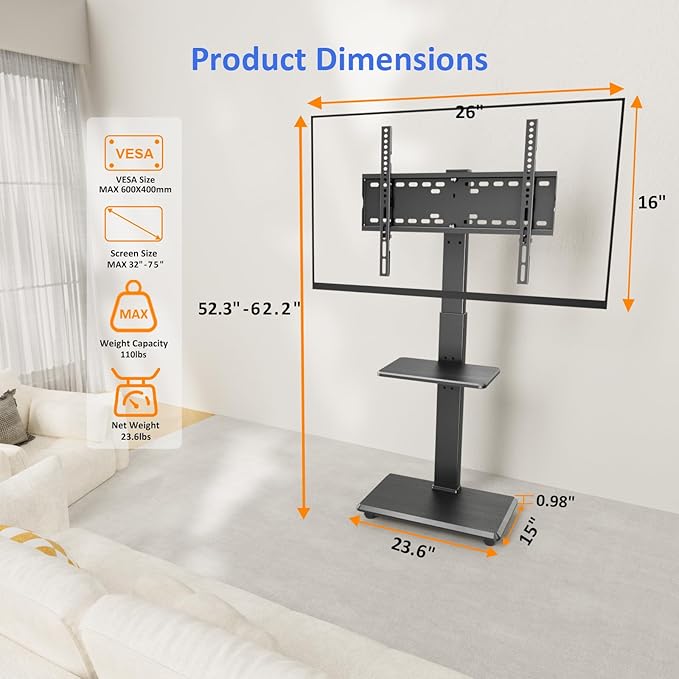 Rolling TV Stand, Mobile TV Cart for 32-75 Inch TVs up to 110 lbs, 18 Adjustable Heights, TV Floor Stand with Swivel Mount & Shelf, Max VESA 600x400mm, TV Stand on Wheels for Bedroom, Office, Outdoor