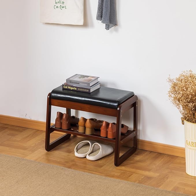 latifolia Solid Wood Bench, Entryway Shoe Bench with Cushion, Flip-Open Storage Compartment, 2-Tier Shoe Organizer(Black,21.65''L)