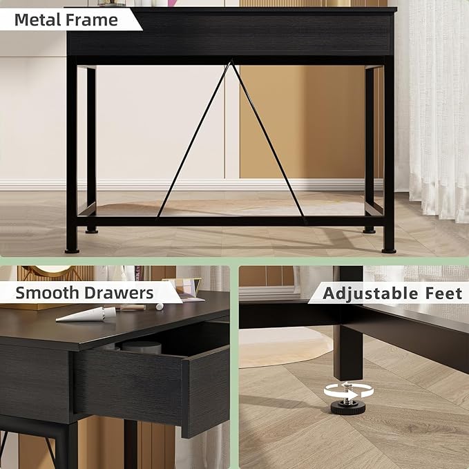 CAIYUN Small Computer Desk with Drawers, 39.4 Inch Home Office Desks with Storage, Simple Modern Kids Desk, Vanity Desk for Bedroom, Work Study Writing Desk Table for Small Spaces (Black, Wooden)