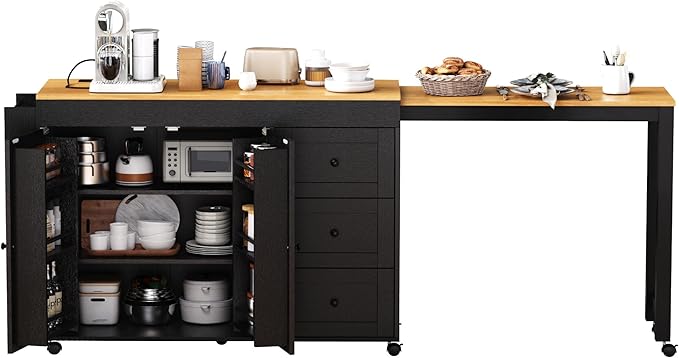 Ball & Cast 74.8" Kitchen Island with Extendable Dining Table,Kitchen Storage Cart W/Power Outlet and 3 Drawers,Rolling Kitchen Island on Wheels W/Spice Rack & 2 Door Cabinet,for Kitchen,Black
