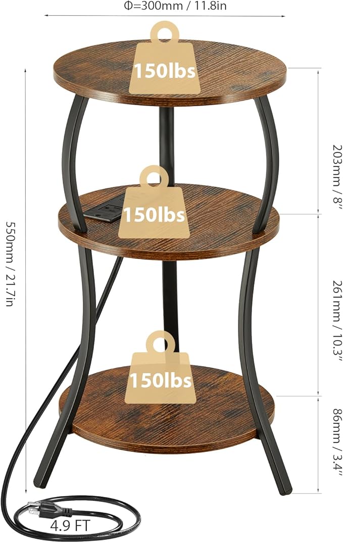 Small Round Side Table with Charging Station, 3-Tier Waist Circular End Table with Storage Shelf, Compact Tea Sofa Side Table Small Spaces, Round Corner Coffee Table for Living Room Bedroon,Brown