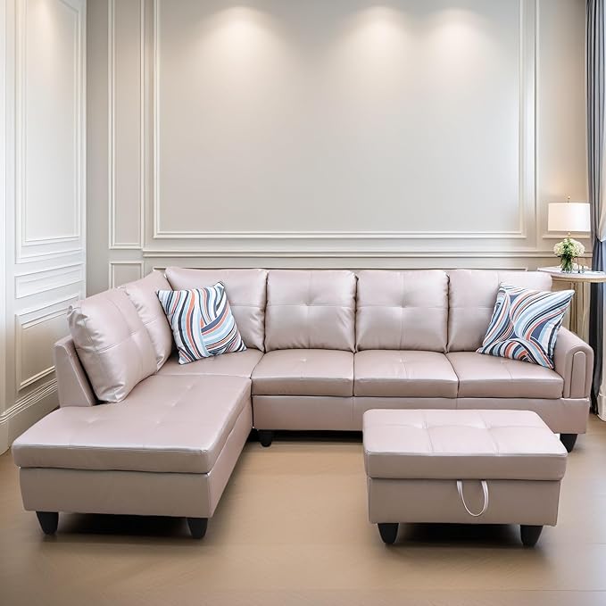 L Shaped Sectional Couches, Leather Couch Modular Sectional Sofa with Ottoman Storage, Modern L Shaped Couch with Chaise for Living Room Bedroom Apartment Furniture, Gray