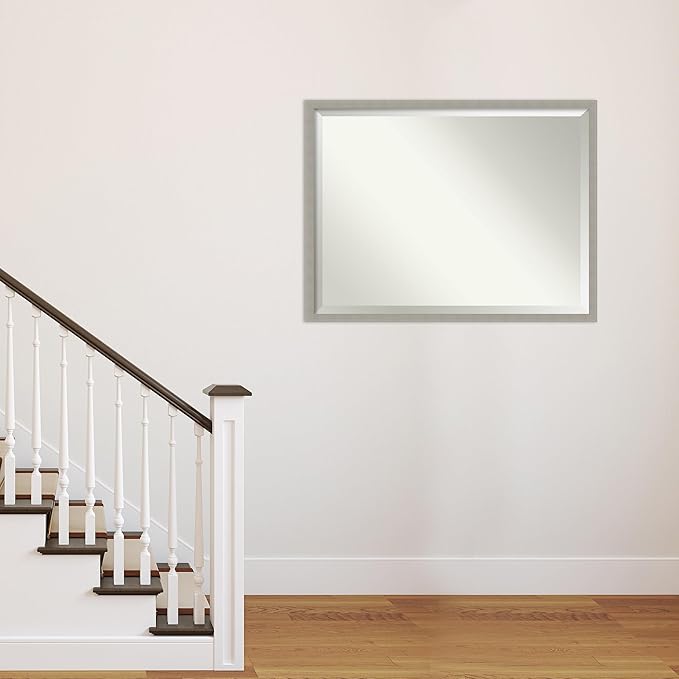 Amanti Art Grey Wall Mirror 32x42 Woodgrain Stripe Grey Rectangle Bathroom Mirror for Wall Decor Living Room, X-Large Casual Wood Frame, Hangs Horizonally and Vertically, Bathroom Decor, Beveled Edge