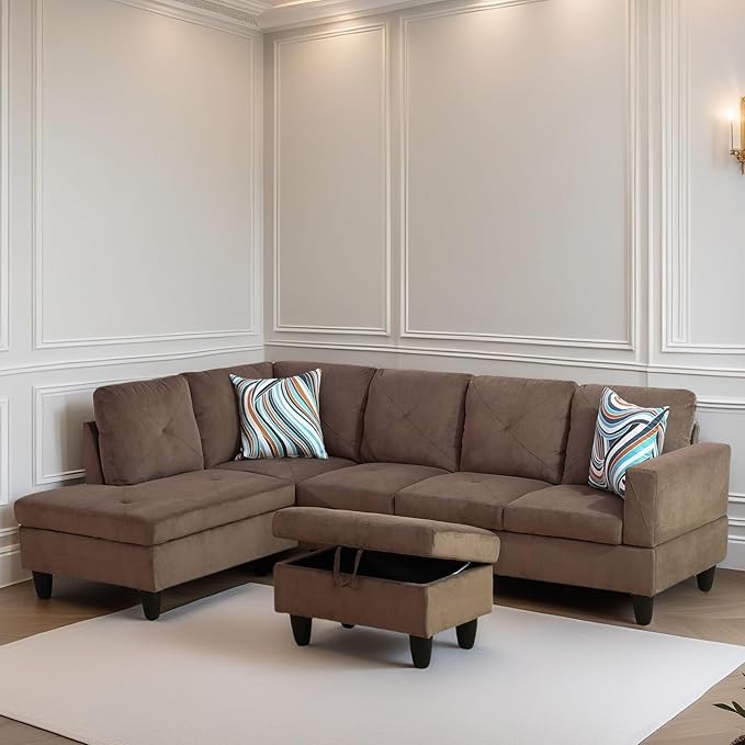 L Shaped Sectional Couch Sofa, Modern Couches for Living Room, Comfy 4 Seat Modular Sectional Sofa with Ottoman Storage for Bedroom Apartment, Brown