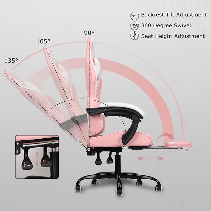 Gaming Chair with Linkage Armrest & Footrest, High Back Video Gaming Chair, Pink/White