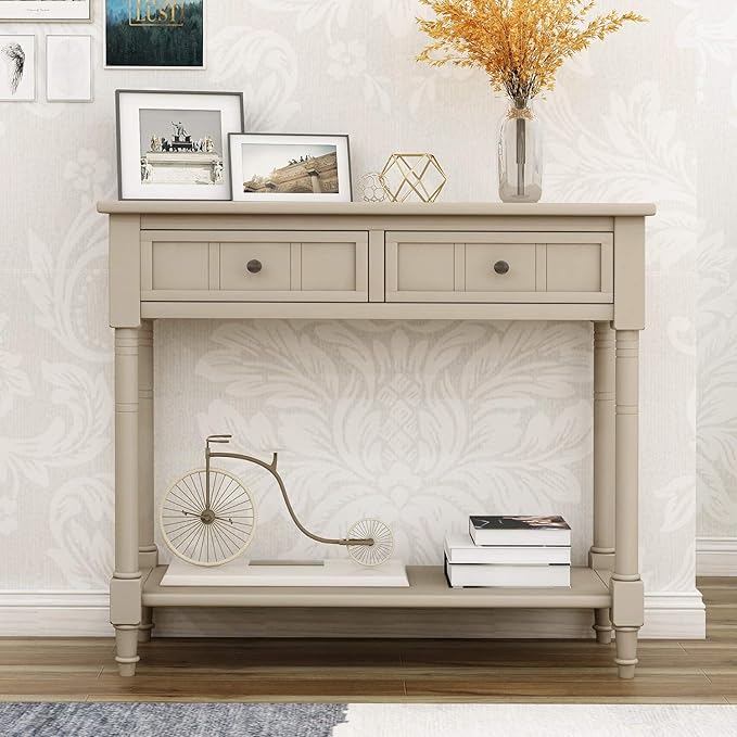 Merax Long Narrow Entryway Console Table with Storage Drawers and Bottom Shelf Antique Gray