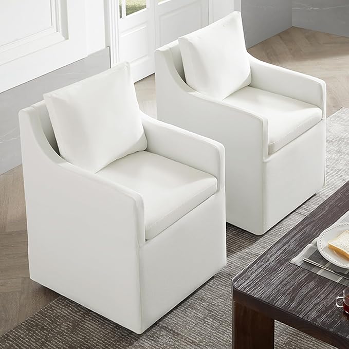 Upholstered Dining Chairs with Casters Washable Cover Side Deskchair with Rollers for Diningroom, Living Room, Cream, 4 Box