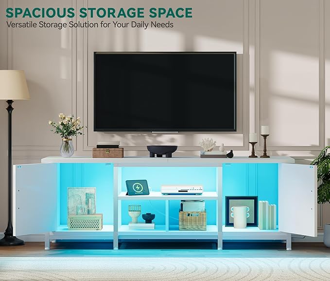 YITAHOME TV Stand with LED Lights & Charging Station, Farmhouse Entertainment Center with Storage Cabinets & Shelves, Cross-Pattern Doors, Fits TVs up to 70'', TV Consoles for Living Room, White