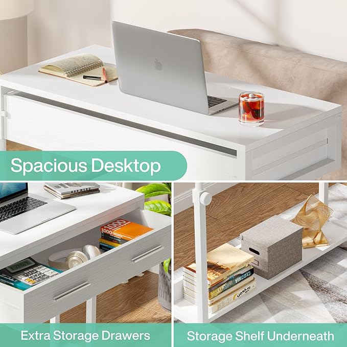 Tribesigns Portable Desk with Drawers, Mobile Laptop Desk with Wheels, Sofa Side Table Bed Desks, Small Standing Desk for Home Office (White)