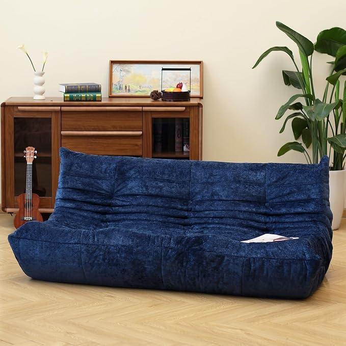 N&V Fireside Chair, Mid Century Armless Floor Sofa, Soft Premium Chenille Floor Lounge Chair, Foam Sofa Accent Chair for Living Room Bedroom and Office (Blue, Three Seater)