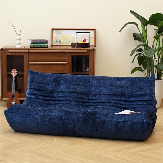 N&V Fireside Chair, Mid Century Armless Floor Sofa, Soft Premium Chenille Floor Lounge Chair, Foam Sofa Accent Chair for Living Room Bedroom and Office (Blue, Three Seater)